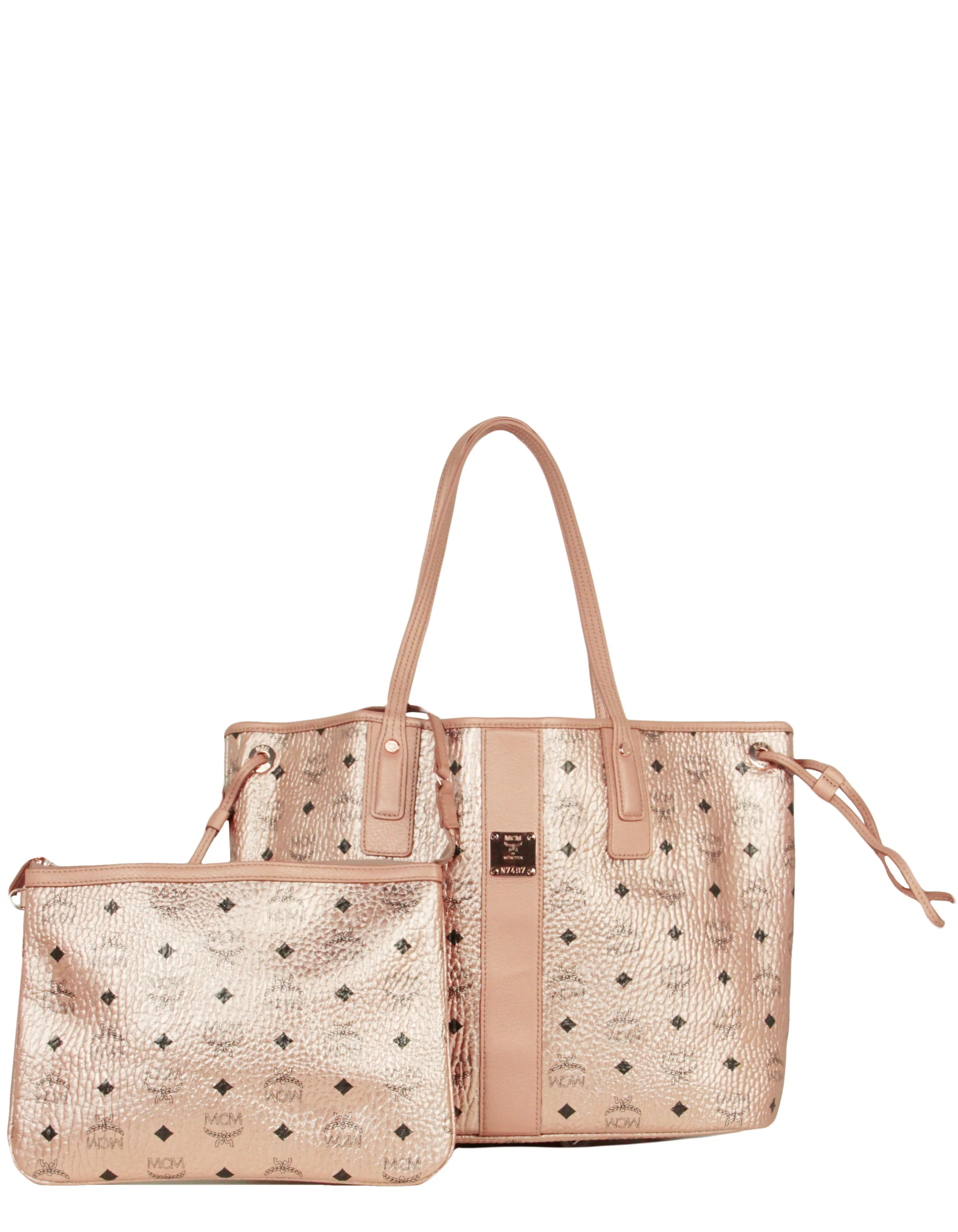 MCM Champagne Metallic Visetos Large Liz Reversible Shopper Tote Bag
