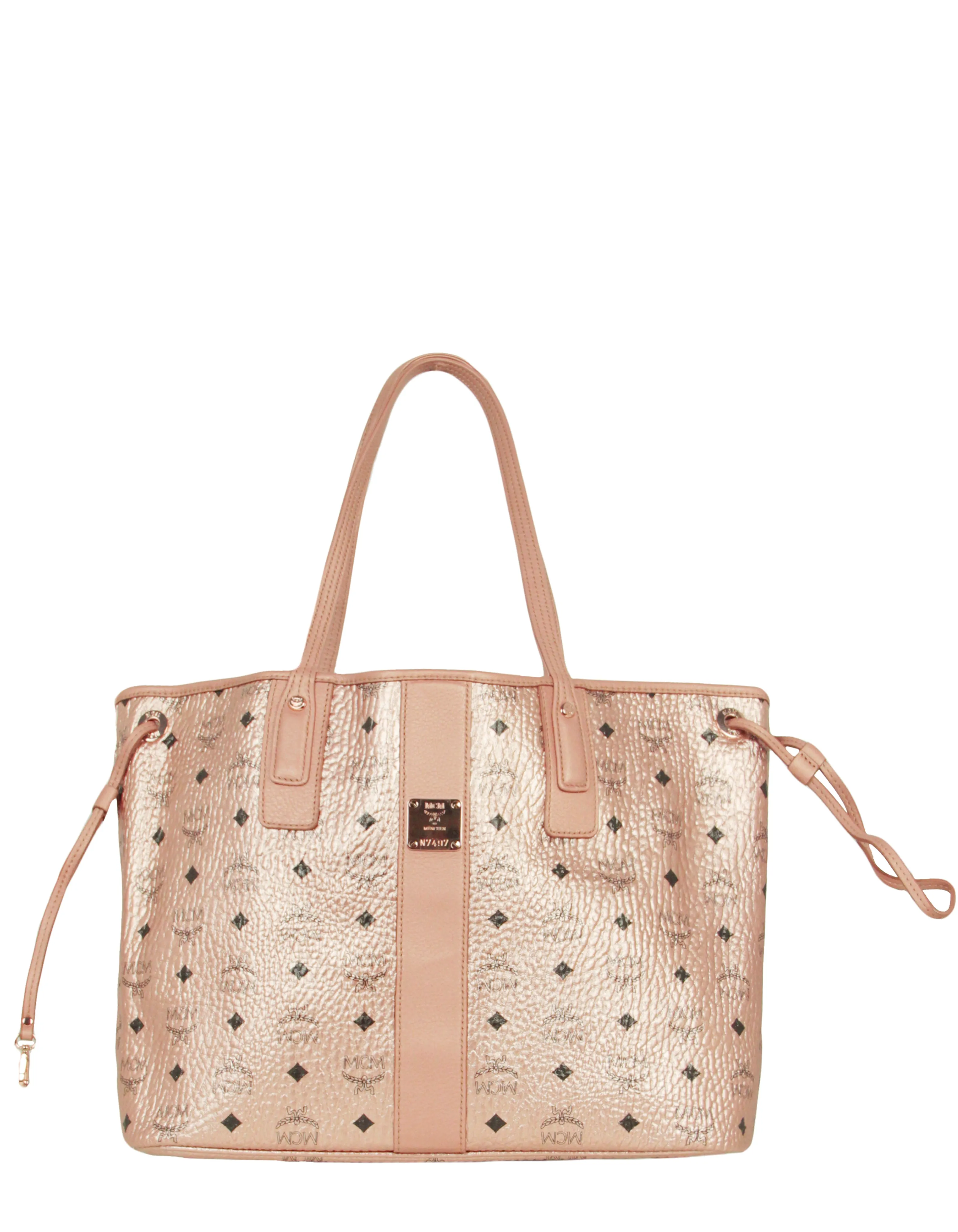 MCM Champagne Metallic Visetos Large Liz Reversible Shopper Tote Bag
