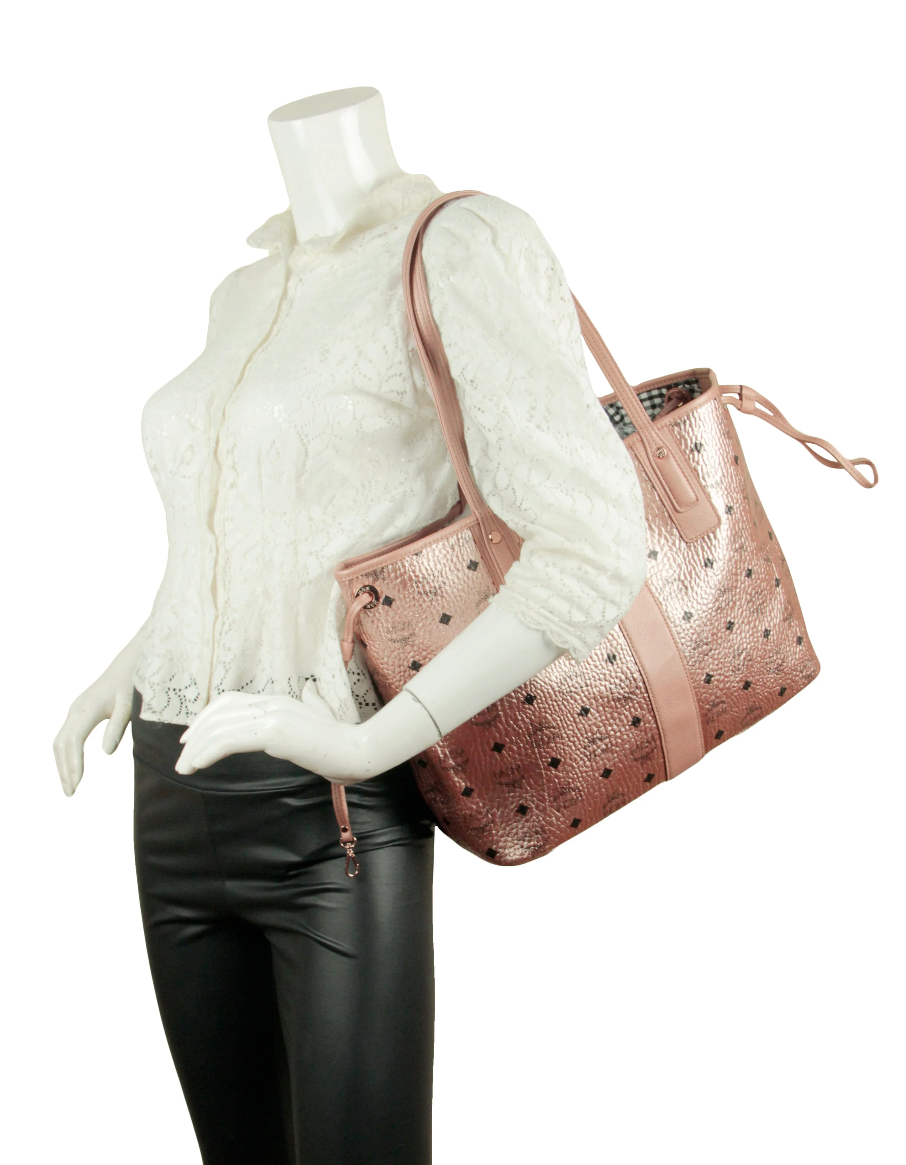 MCM Champagne Metallic Visetos Large Liz Reversible Shopper Tote Bag