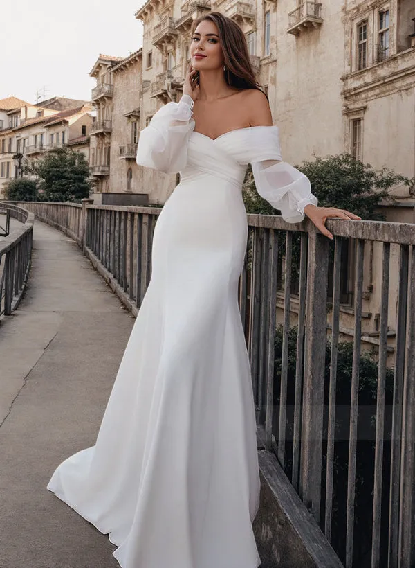Mermaid Long Sleeves Wedding Dresses With Off-The-Shoulder Elastic Satin Simple