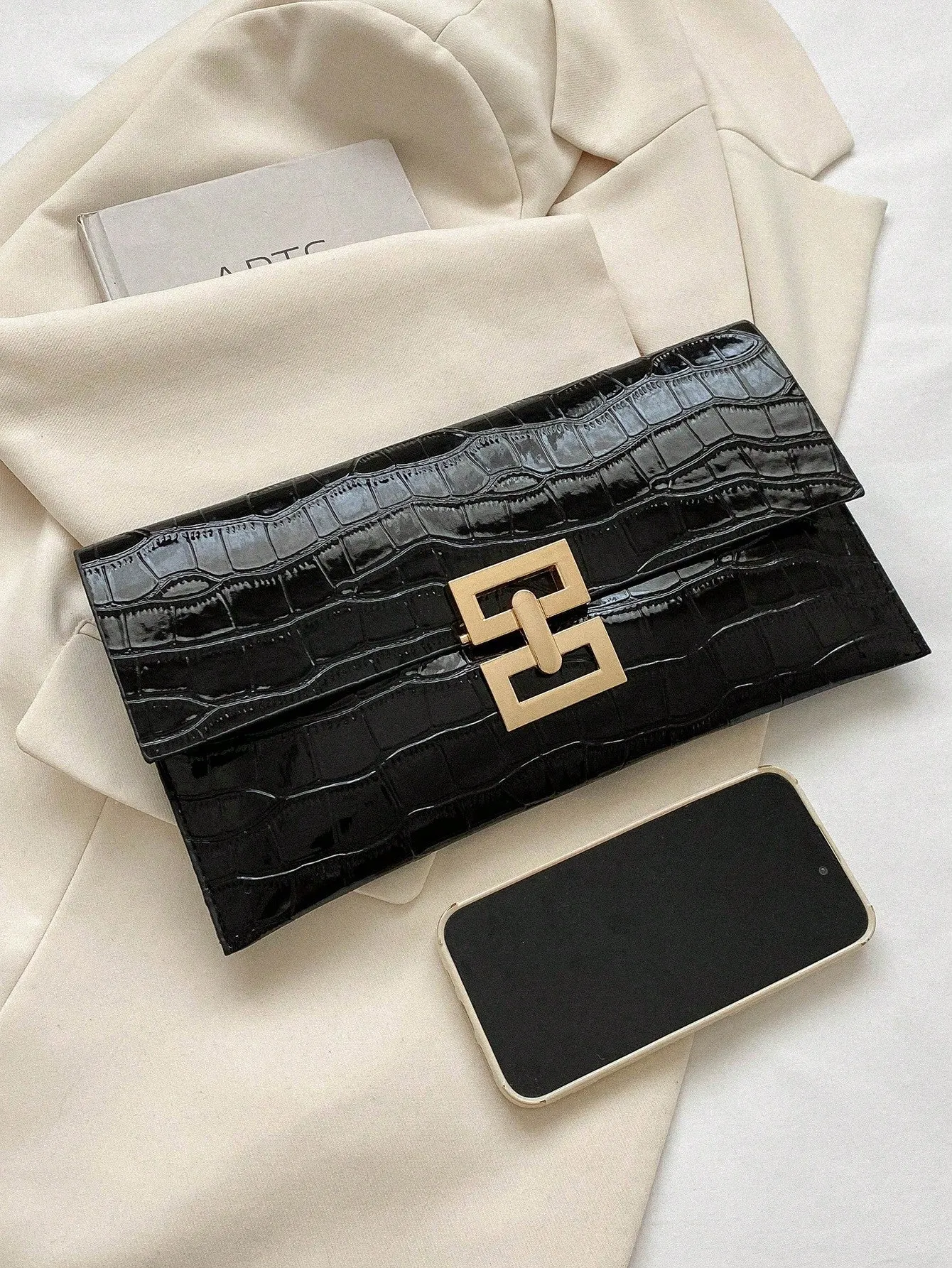 Metallic Crocodile Embossed Patent Leather Square Lock Flap Bag