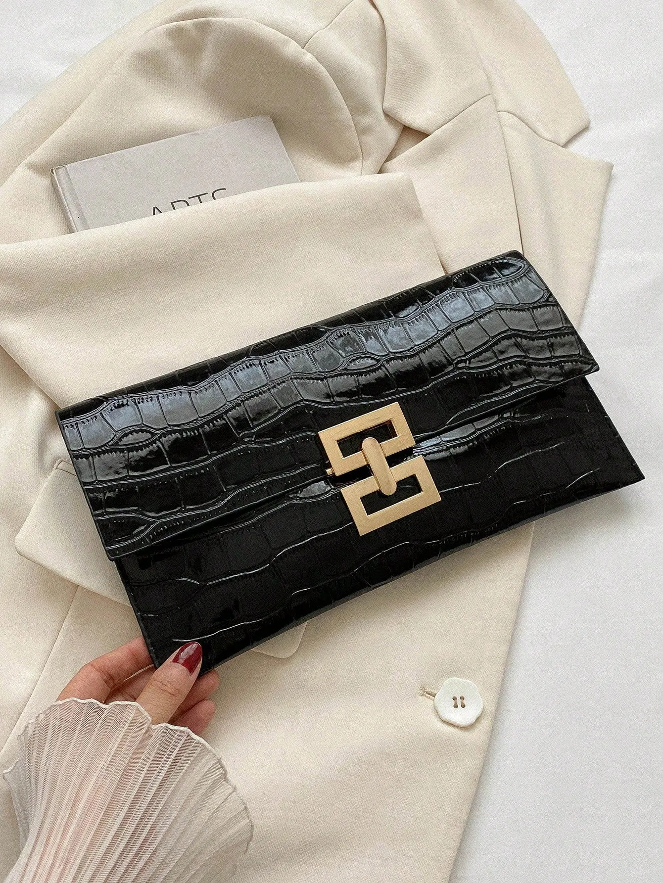 Metallic Crocodile Embossed Patent Leather Square Lock Flap Bag