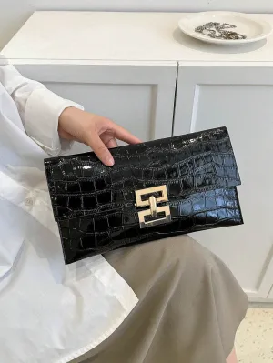 Metallic Crocodile Embossed Patent Leather Square Lock Flap Bag