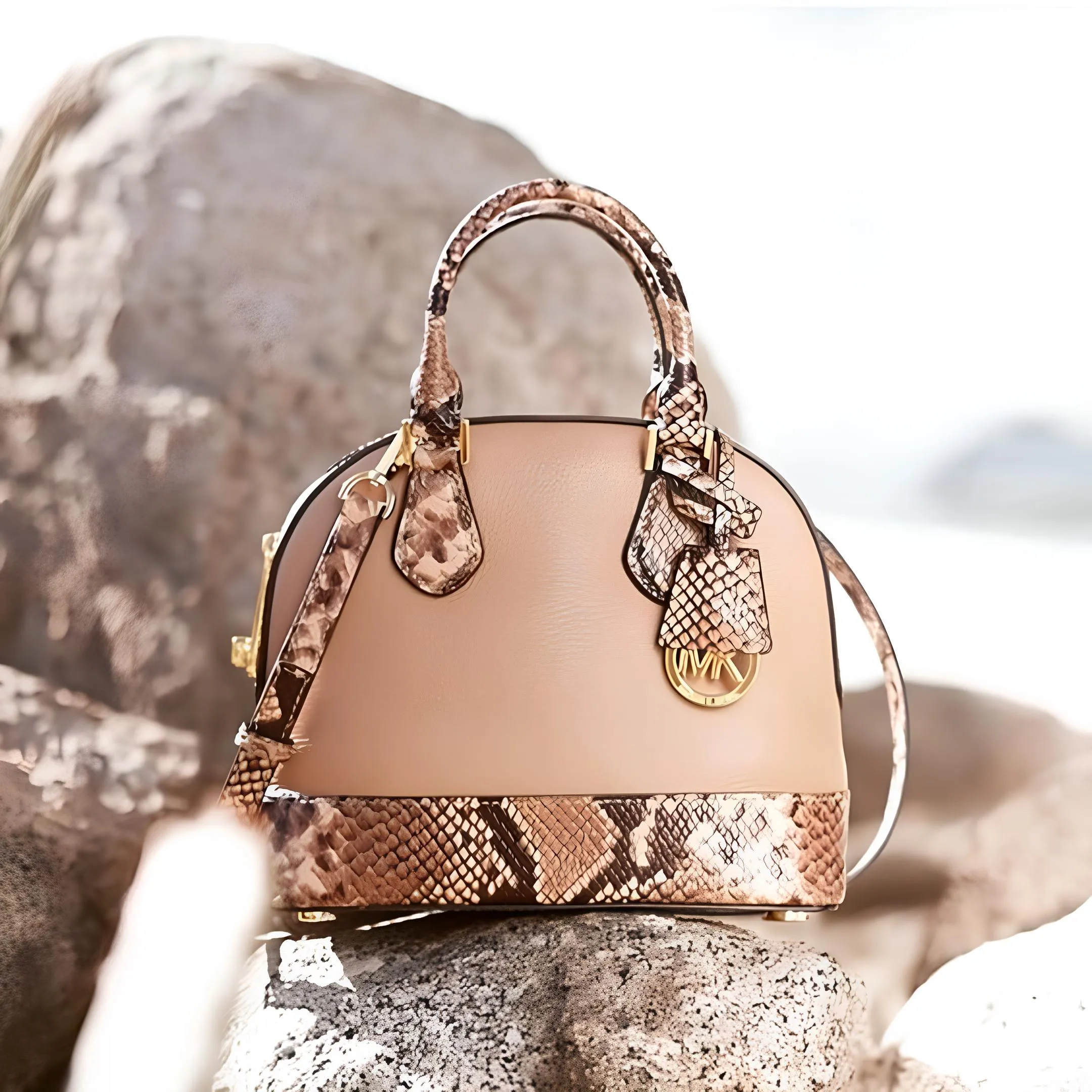 Michael Kors Smythe Dark Leather Dome Satchel Blush Shoulder Bag Purse Cream New