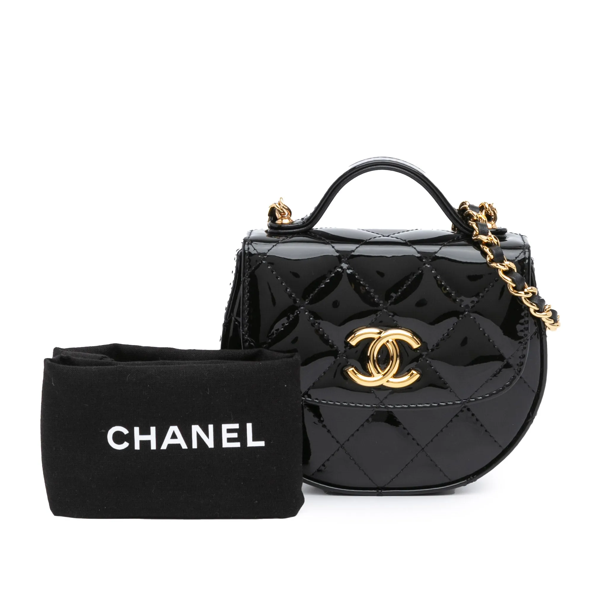 Mini CC Quilted Patent Leather Top Handle Clutch with Chain