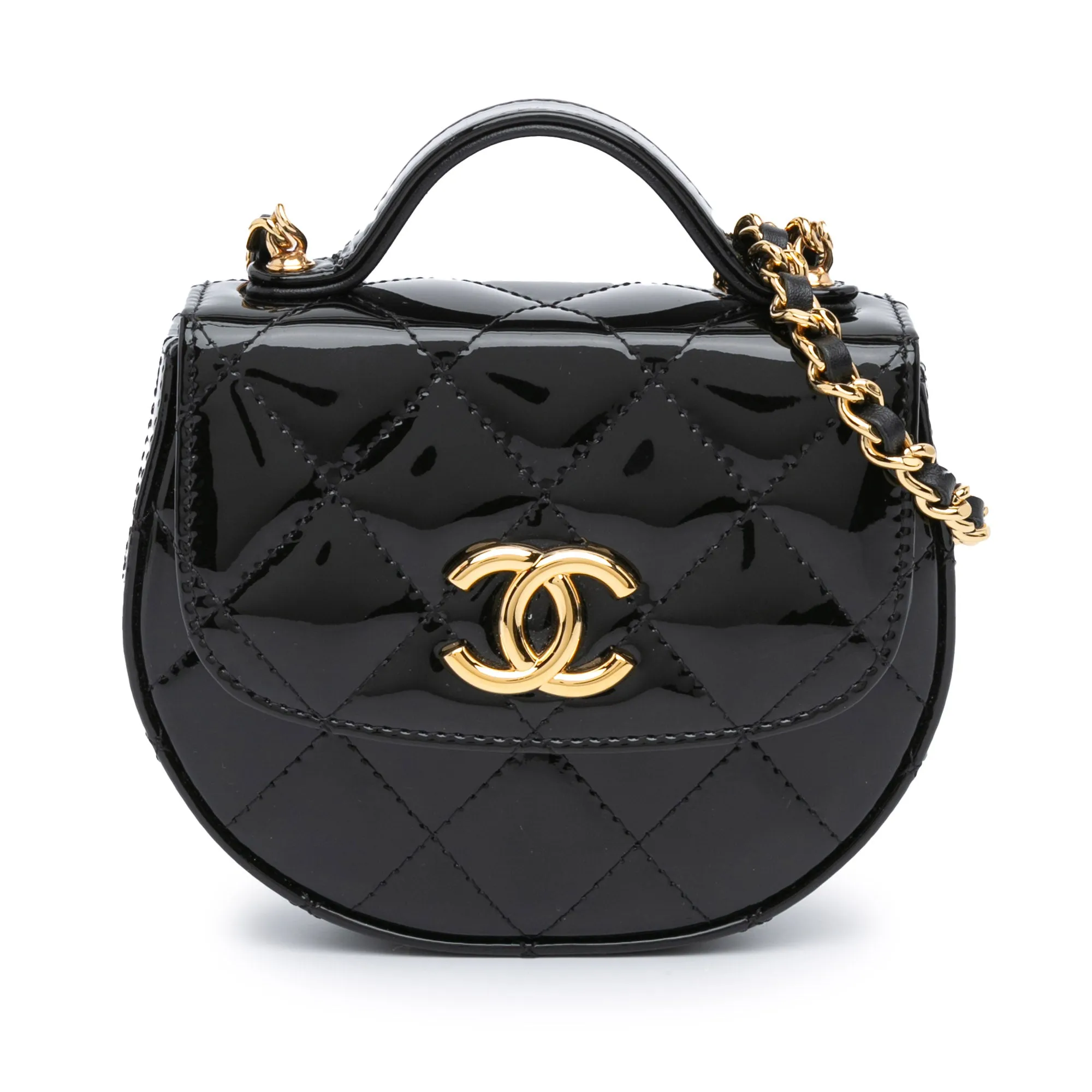 Mini CC Quilted Patent Leather Top Handle Clutch with Chain