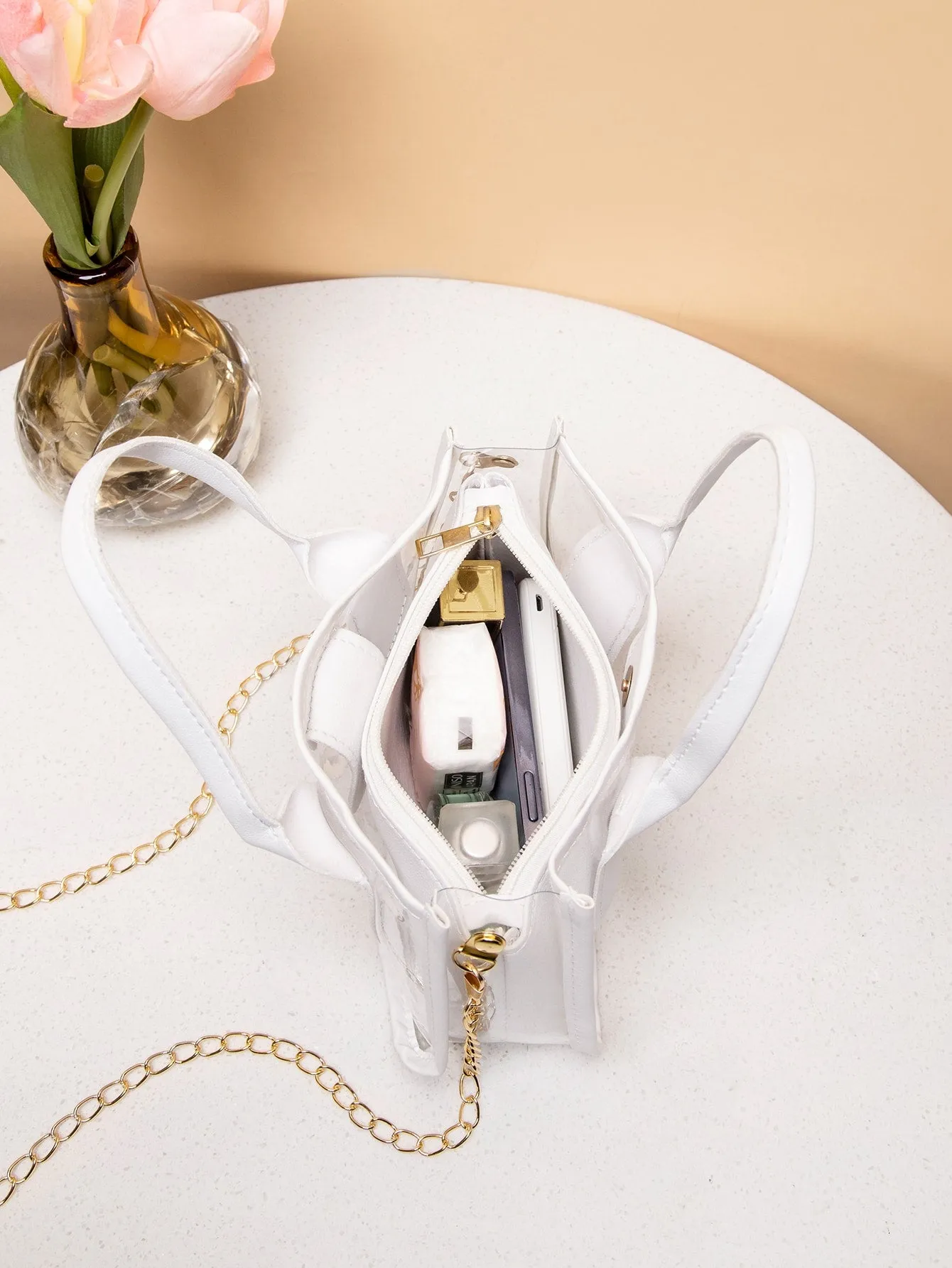Mini Chain Square Bag With Inner Pouch - White