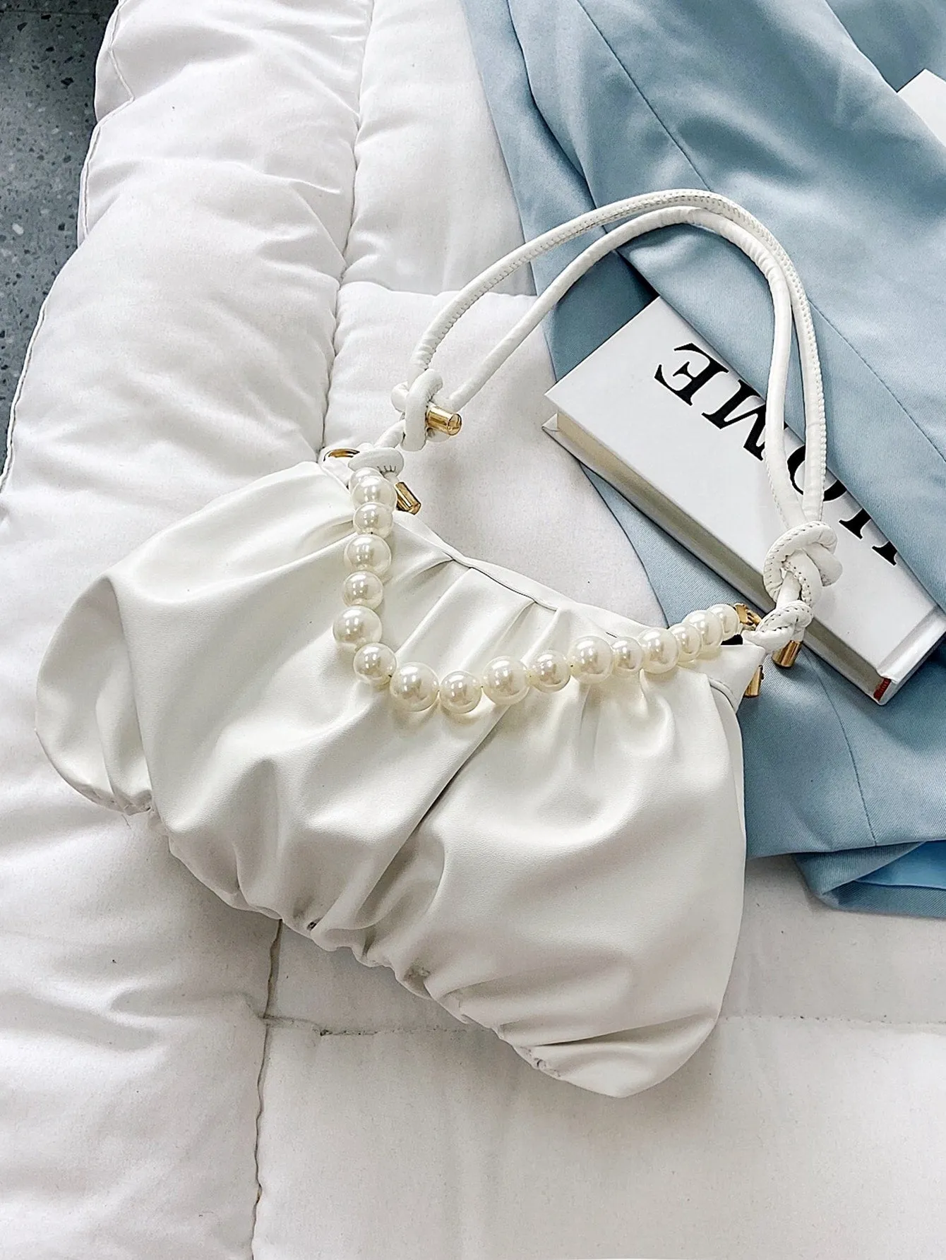 Minimalist Pearls Decor Ruched Bag - White