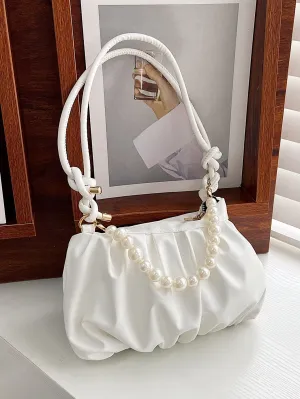 Minimalist Pearls Decor Ruched Bag - White