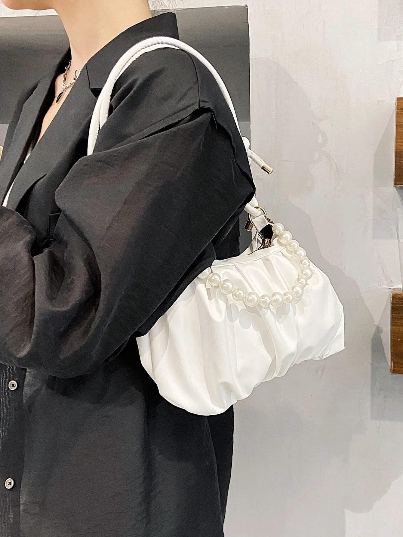 Minimalist Pearls Decor Ruched Bag - White