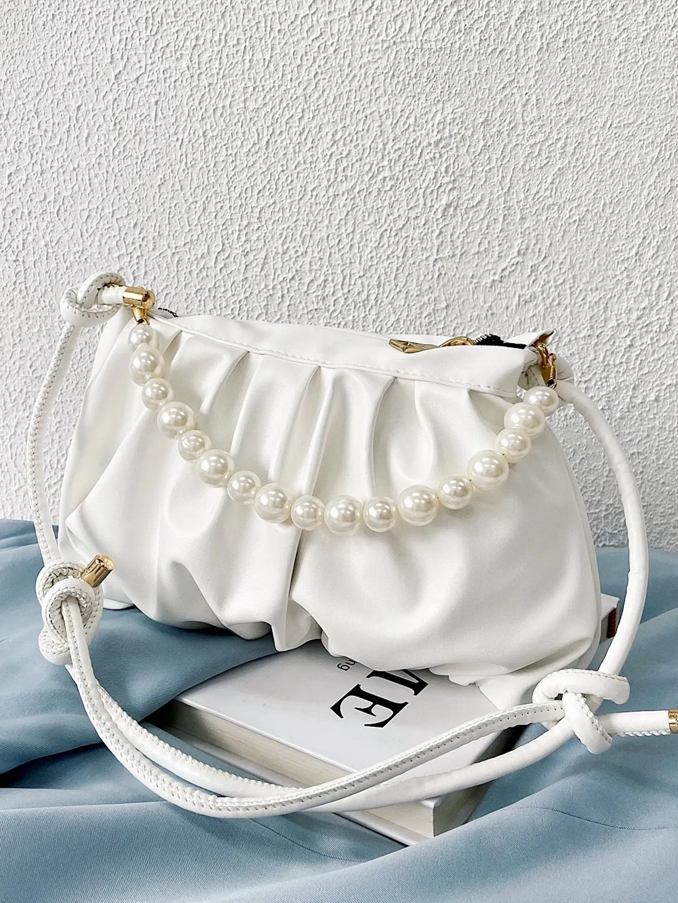 Minimalist Pearls Decor Ruched Bag - White