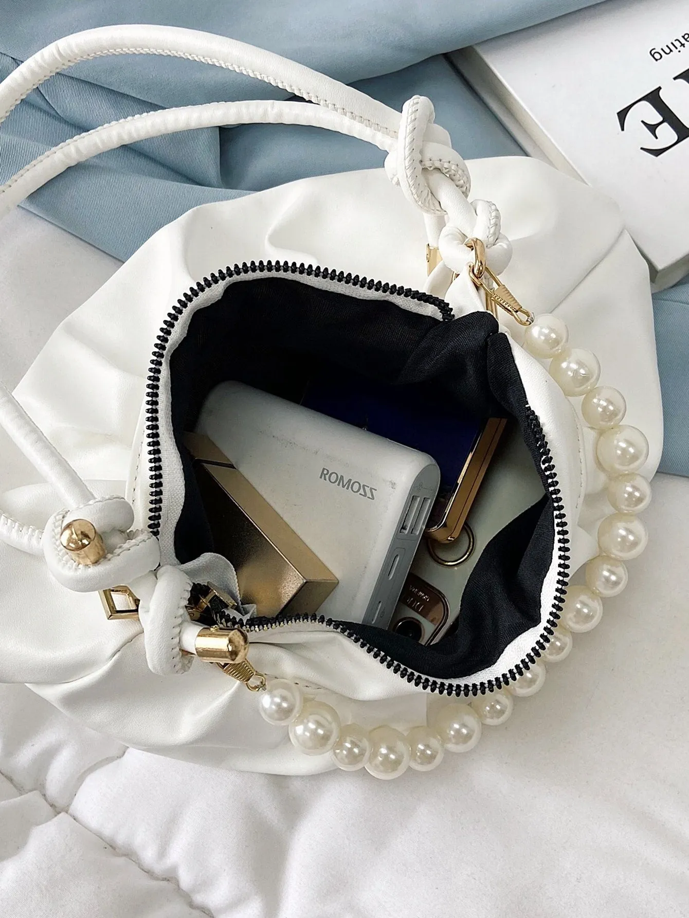 Minimalist Pearls Decor Ruched Bag - White