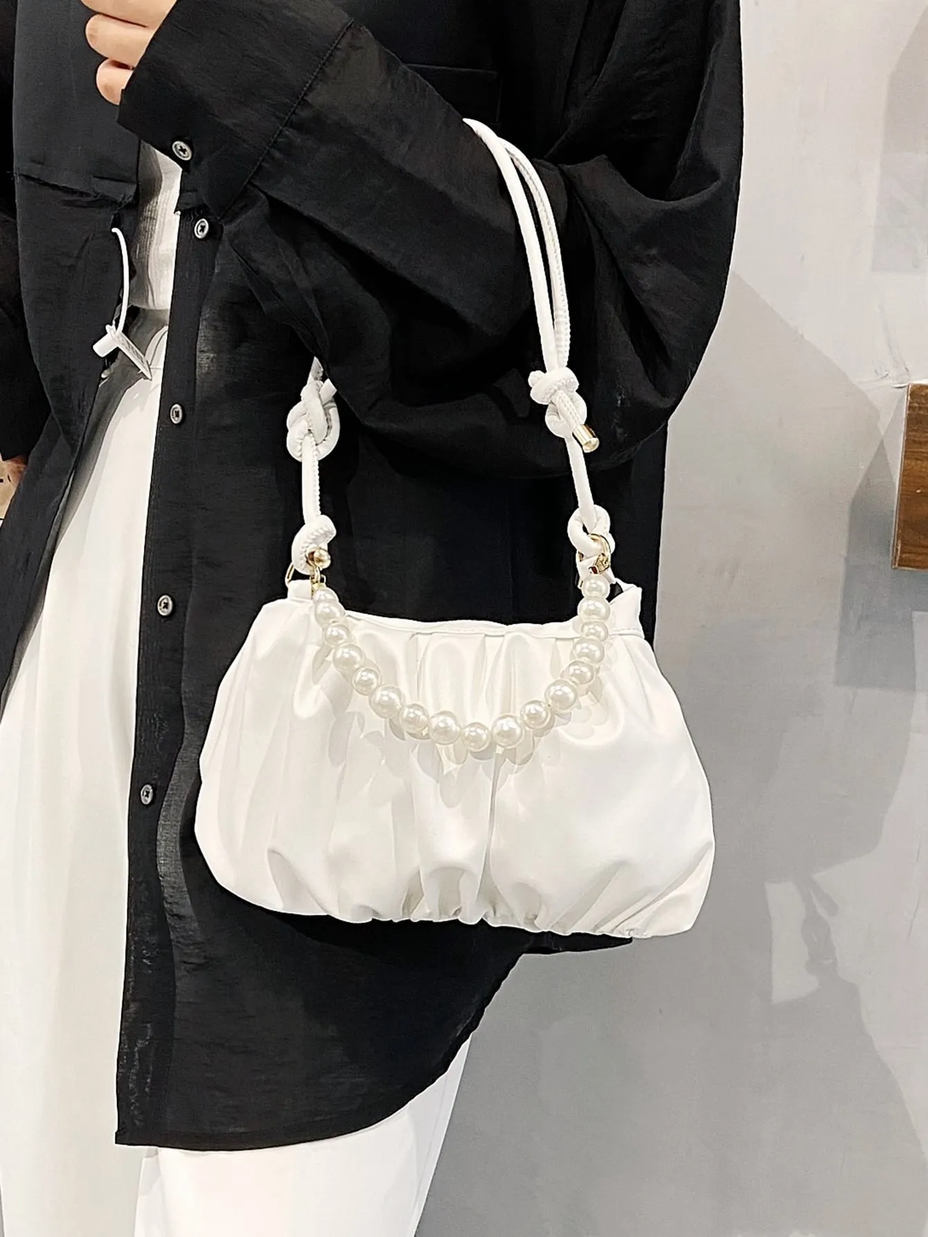 Minimalist Pearls Decor Ruched Bag - White
