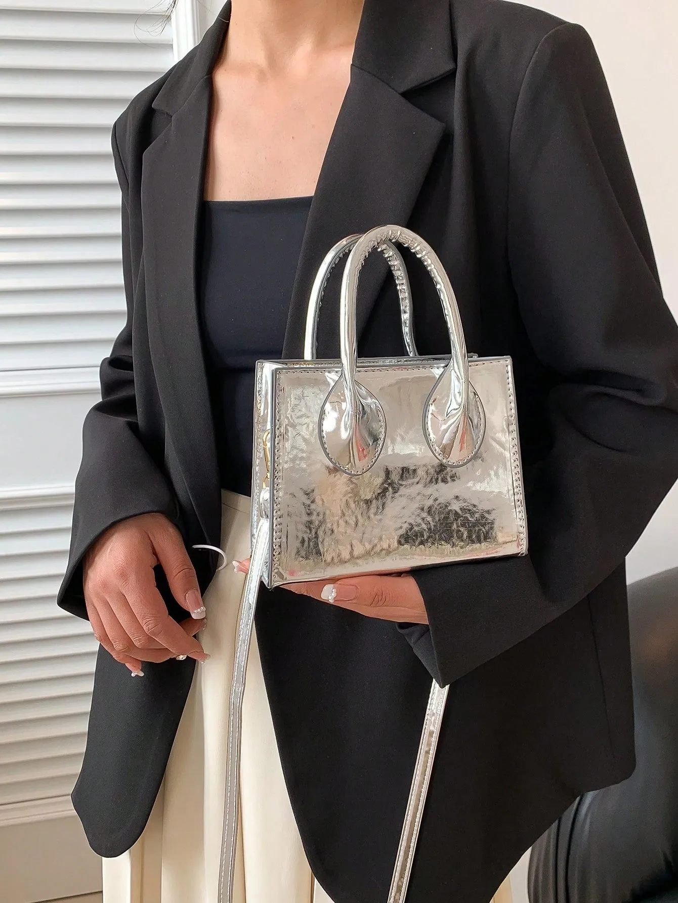 Minimalist Square Bag Mini Funky Patent Leather - Silver- FD ⚡
