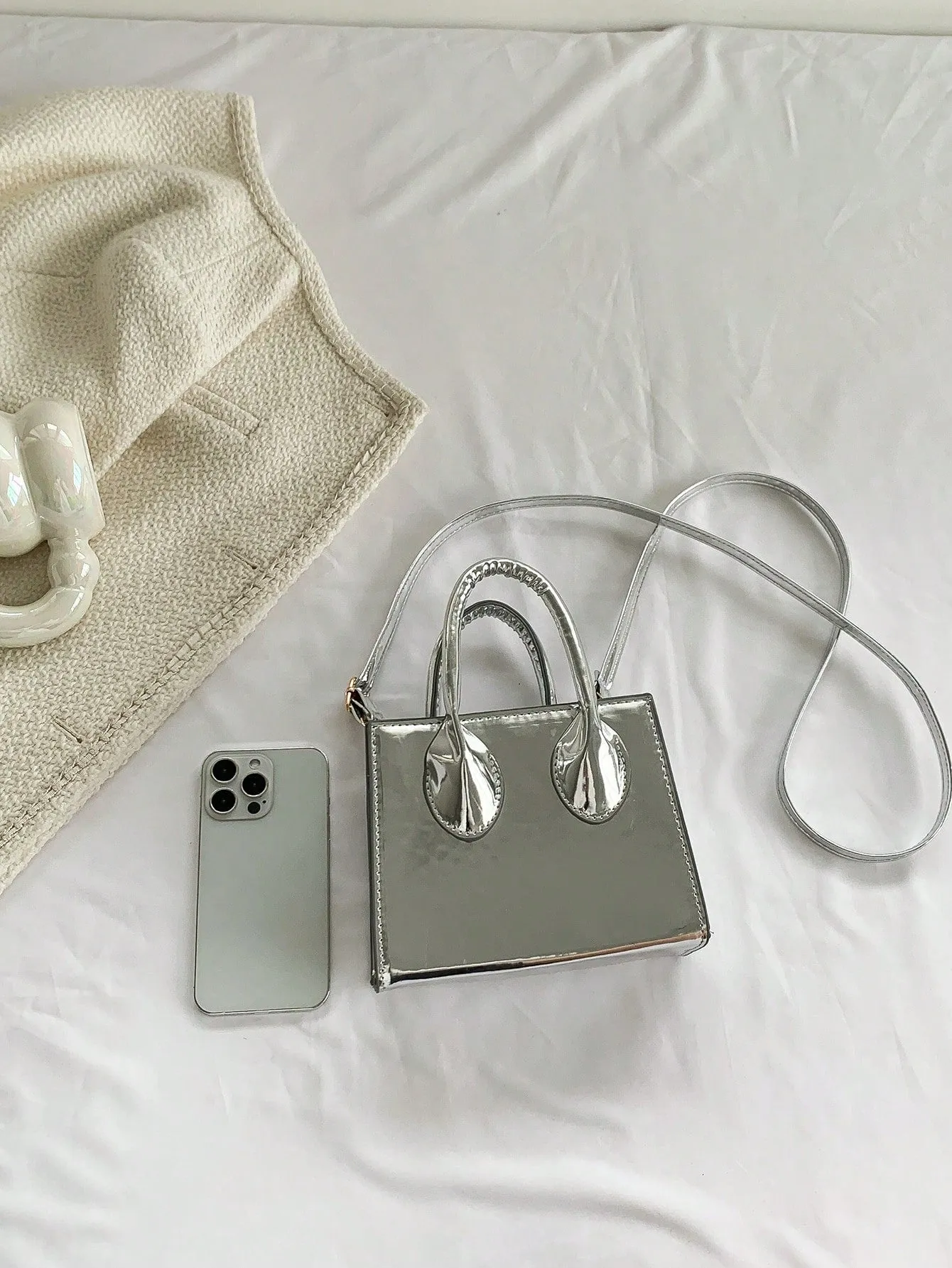 Minimalist Square Bag Mini Funky Patent Leather - Silver- FD ⚡