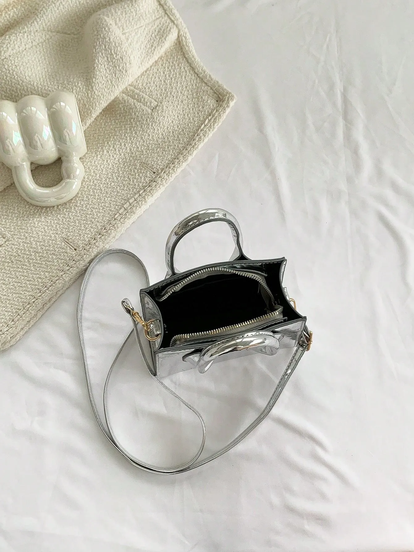Minimalist Square Bag Mini Funky Patent Leather - Silver- FD ⚡