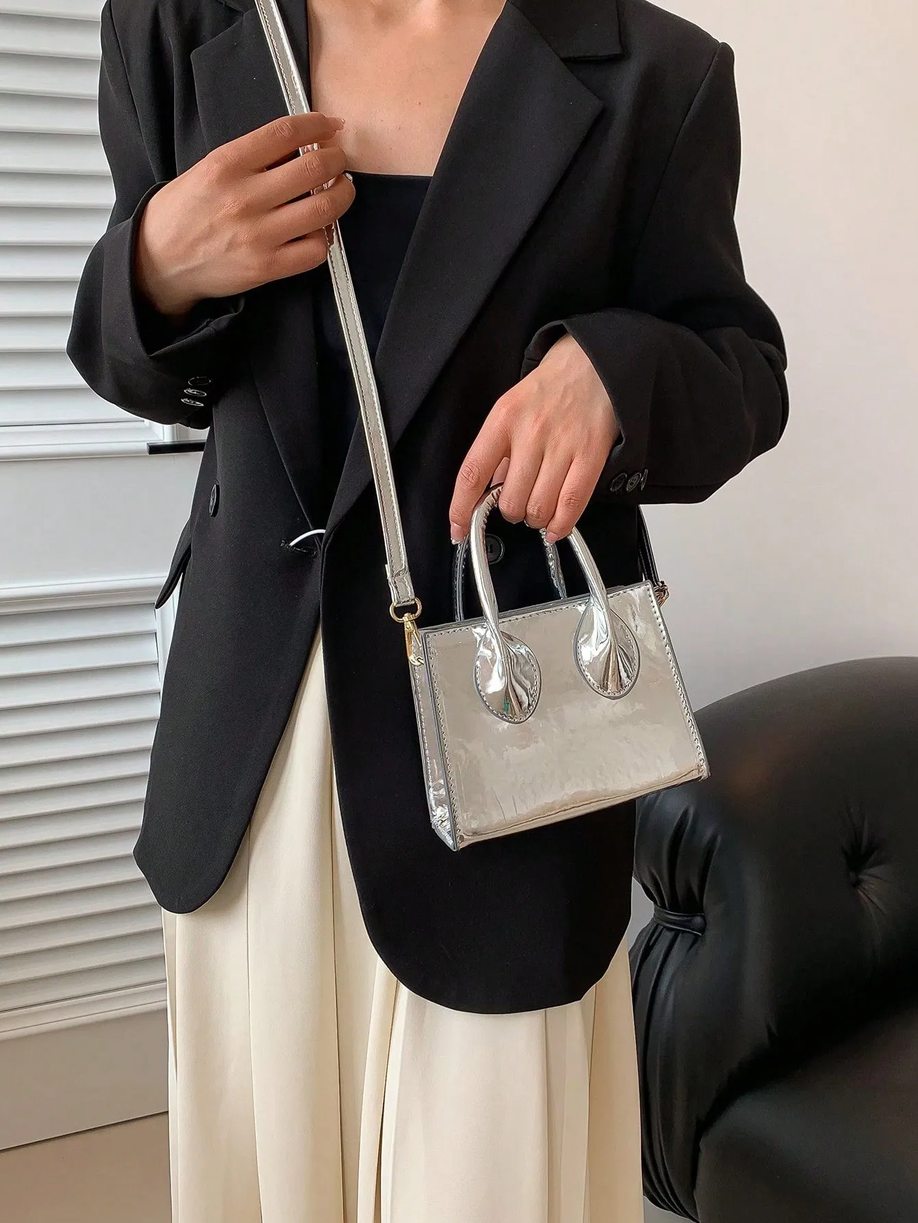 Minimalist Square Bag Mini Funky Patent Leather - Silver- FD ⚡