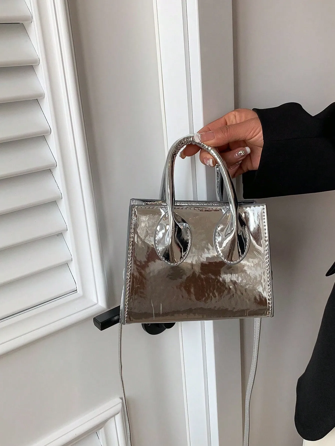 Minimalist Square Bag Mini Funky Patent Leather - Silver- FD ⚡