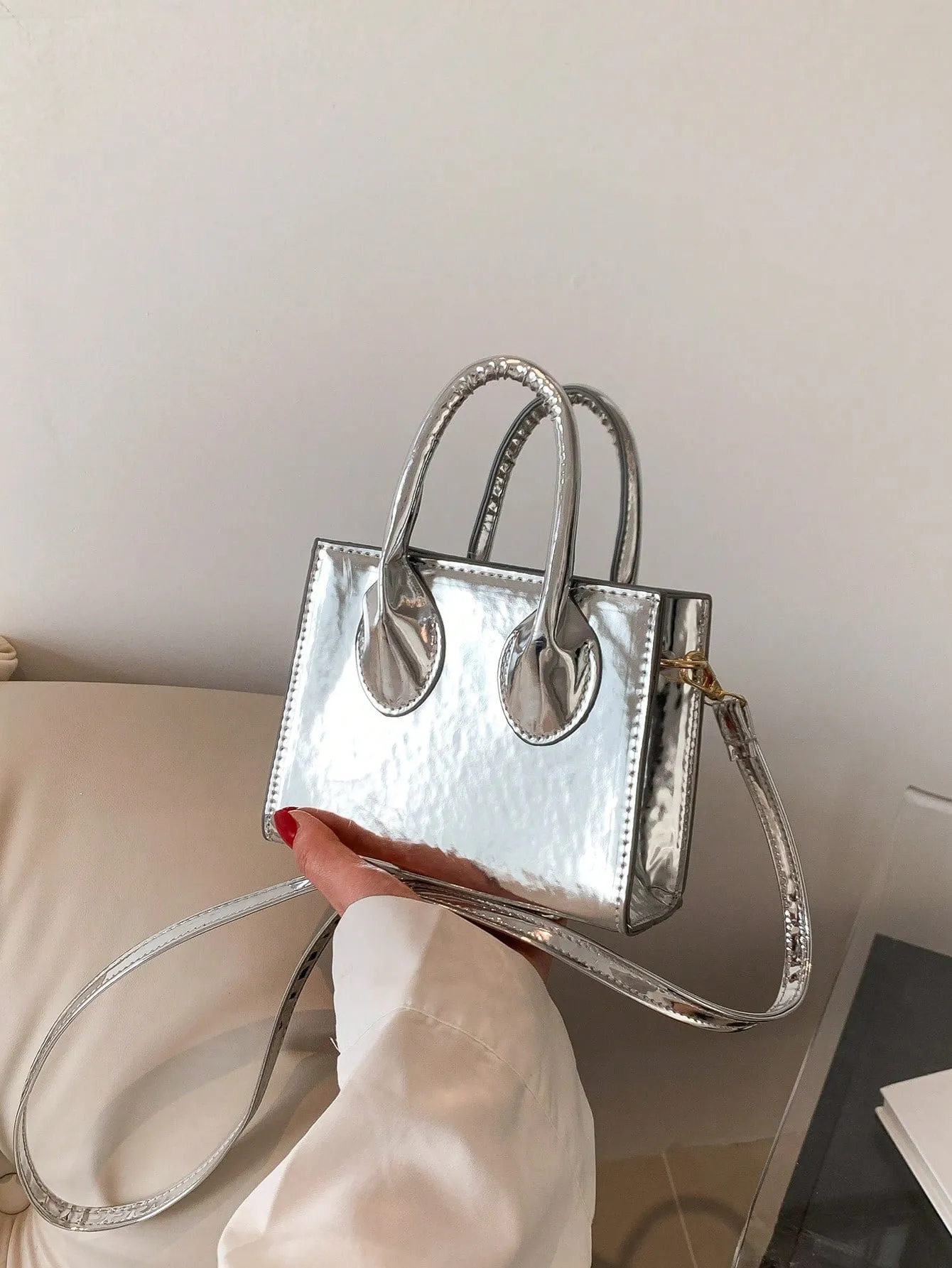 Minimalist Square Bag Mini Funky Patent Leather - Silver- FD ⚡