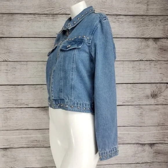 Missguided 4 Zip up Crop Jean Denim Jacket Studded