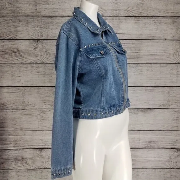 Missguided 4 Zip up Crop Jean Denim Jacket Studded