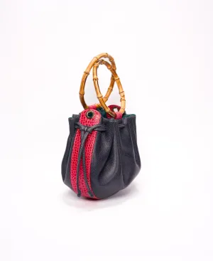 Moon bucket Bamboo bag Navy and coral