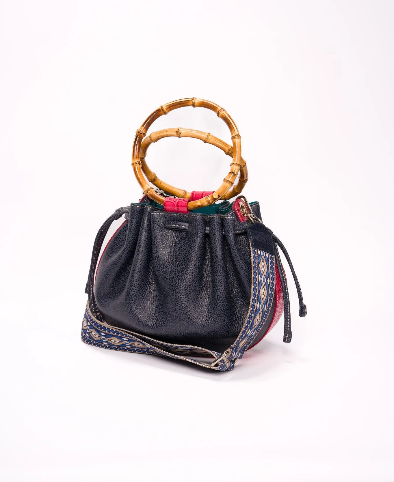 Moon bucket Bamboo bag Navy and coral