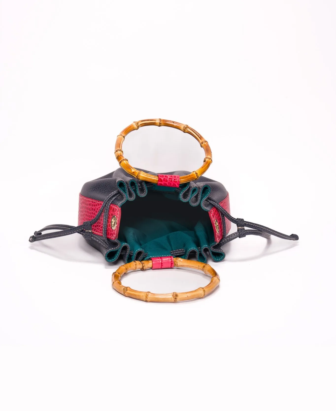 Moon bucket Bamboo bag Navy and coral