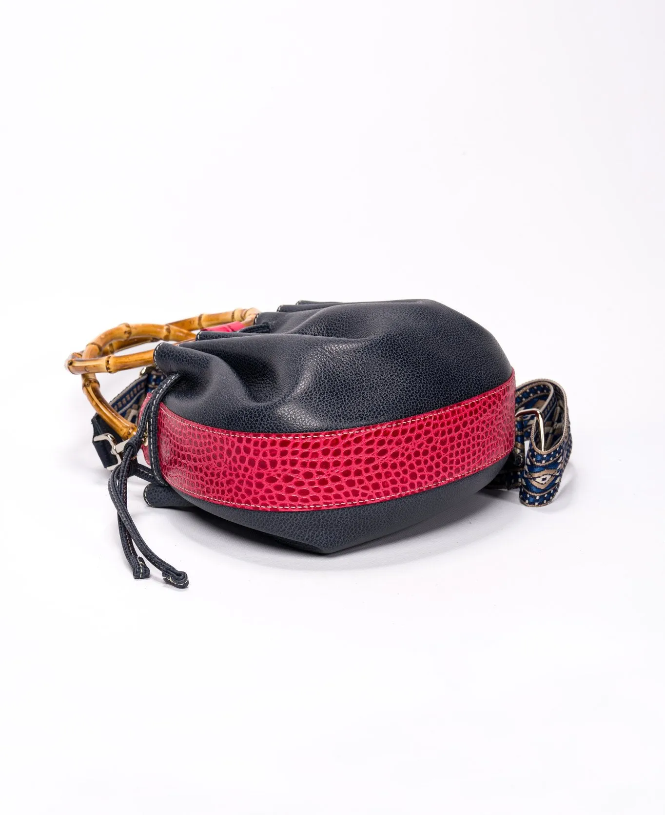 Moon bucket Bamboo bag Navy and coral