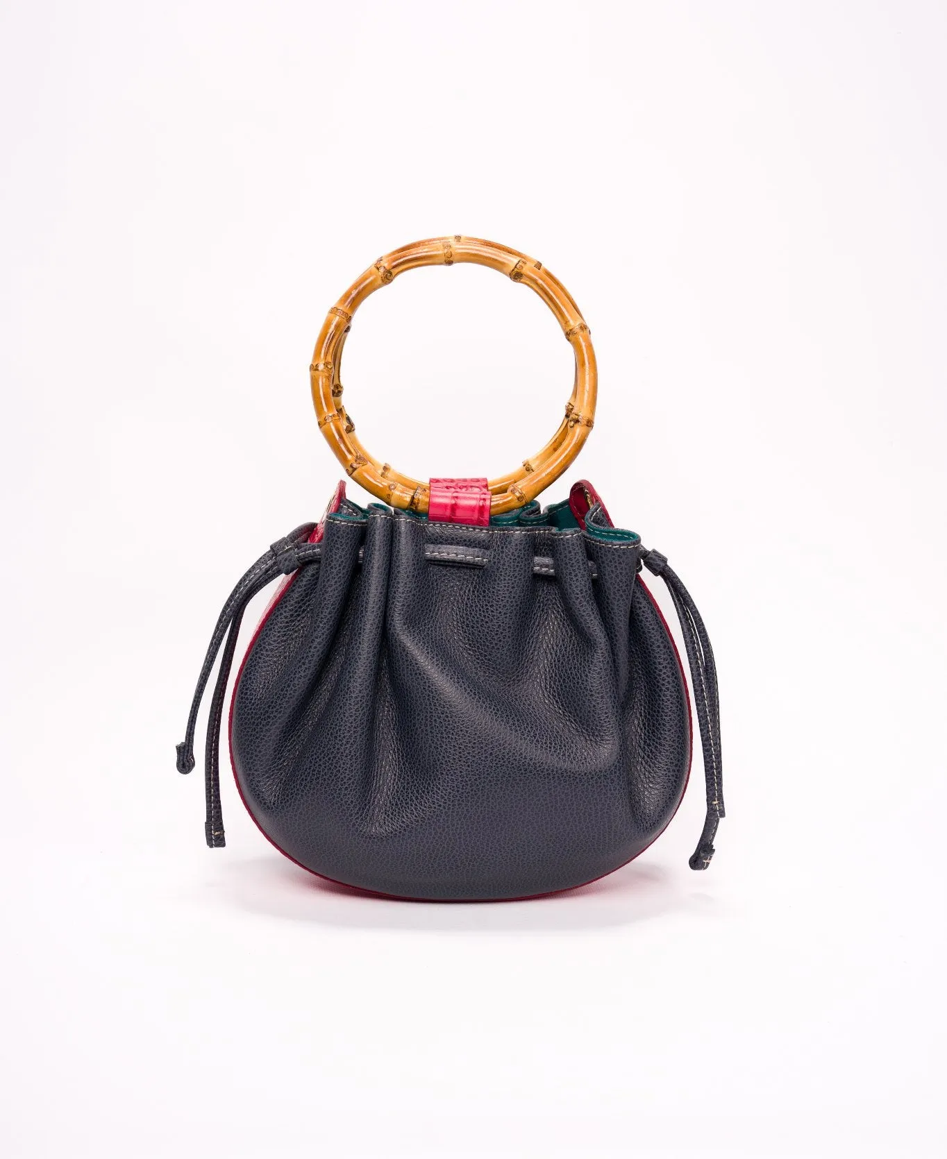 Moon bucket Bamboo bag Navy and coral