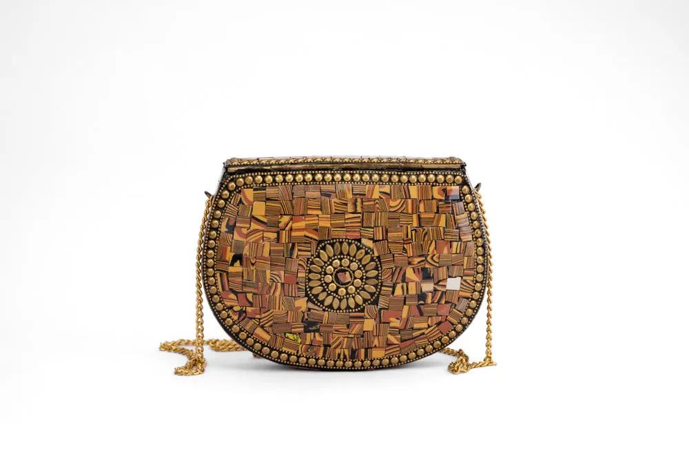 Mosaic Brown Studded Stones Metal Bag - With Golden Chain