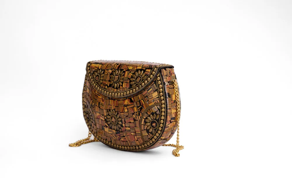 Mosaic Brown Studded Stones Metal Bag - With Golden Chain