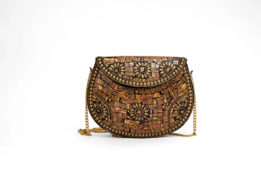 Mosaic Brown Studded Stones Metal Bag - With Golden Chain