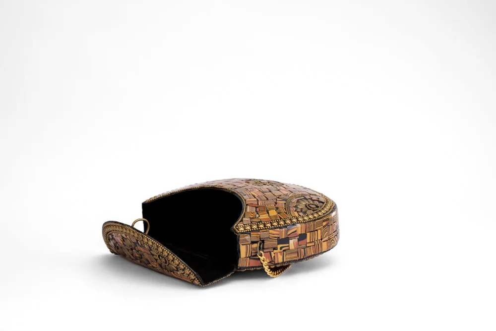 Mosaic Brown Studded Stones Metal Bag - With Golden Chain