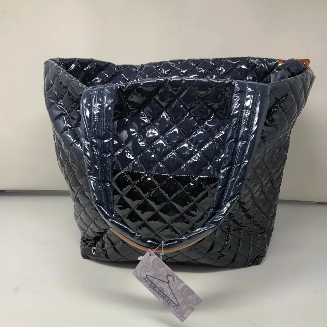 MZ WALLACE Navy and Black Patent Leather Quilted Top Handle Zip Tote