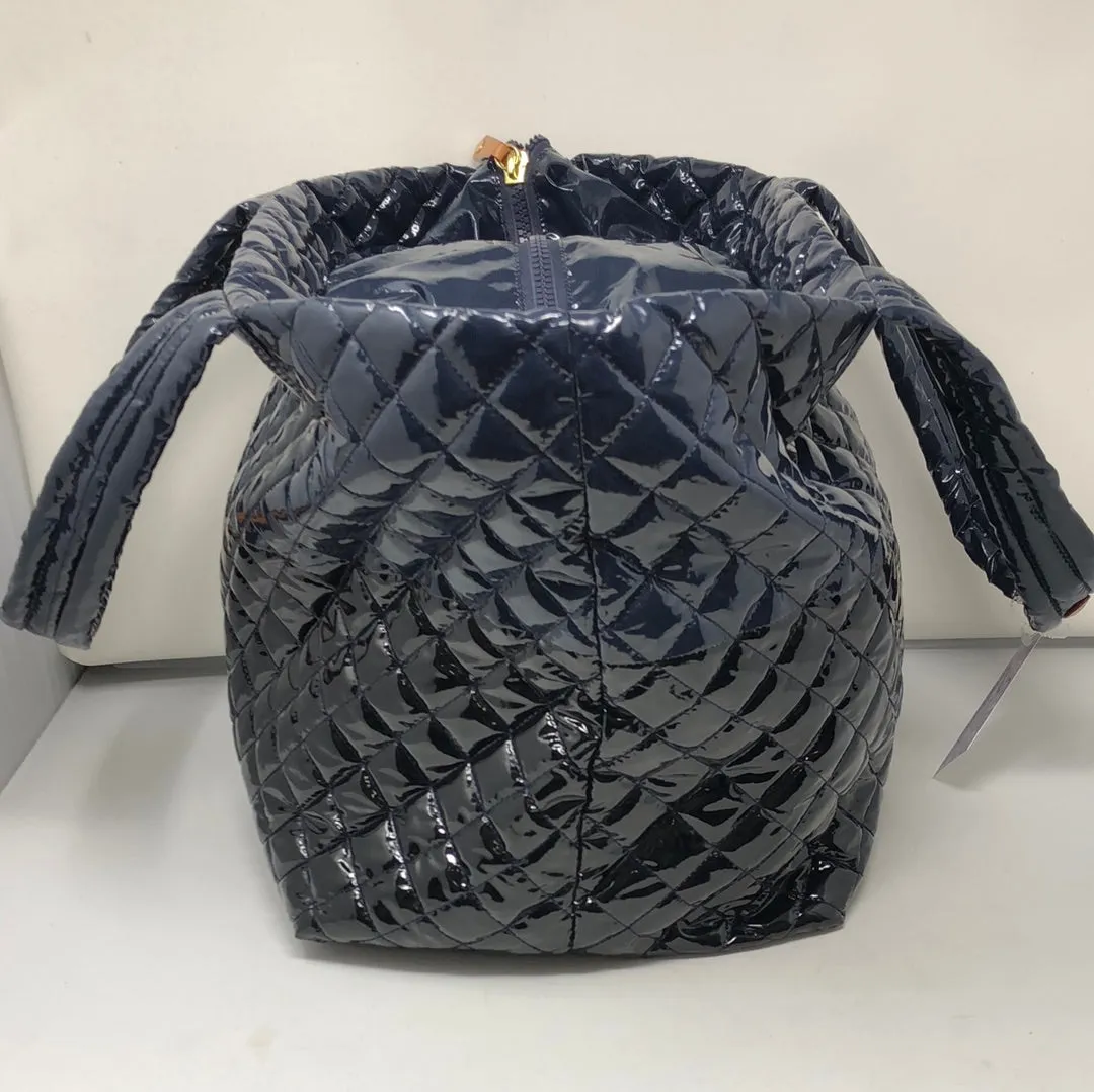 MZ WALLACE Navy and Black Patent Leather Quilted Top Handle Zip Tote