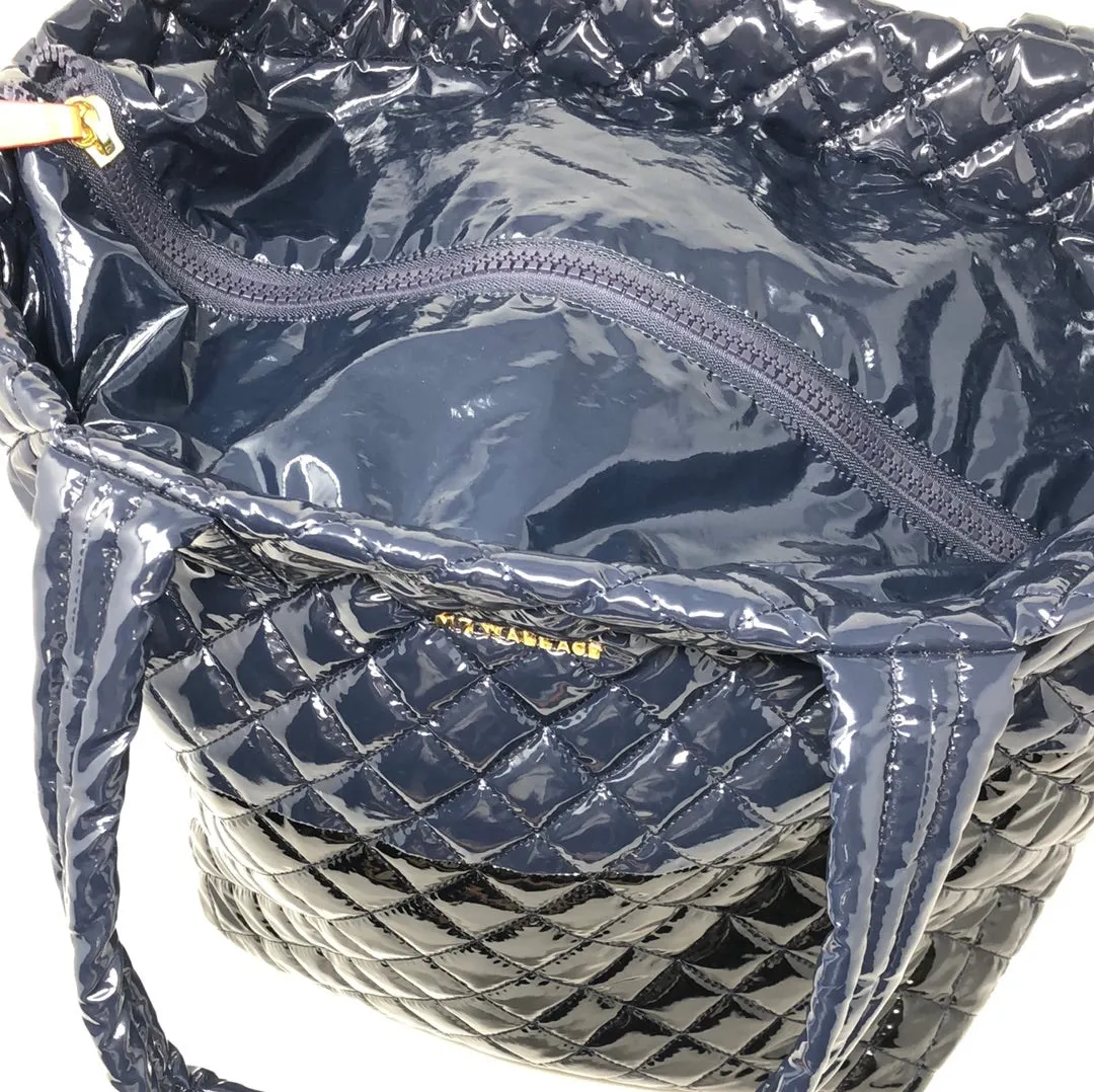 MZ WALLACE Navy and Black Patent Leather Quilted Top Handle Zip Tote