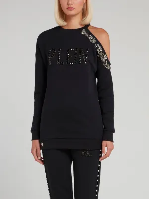 Navy Crystal Studded Cold Shoulder Sweatshirt