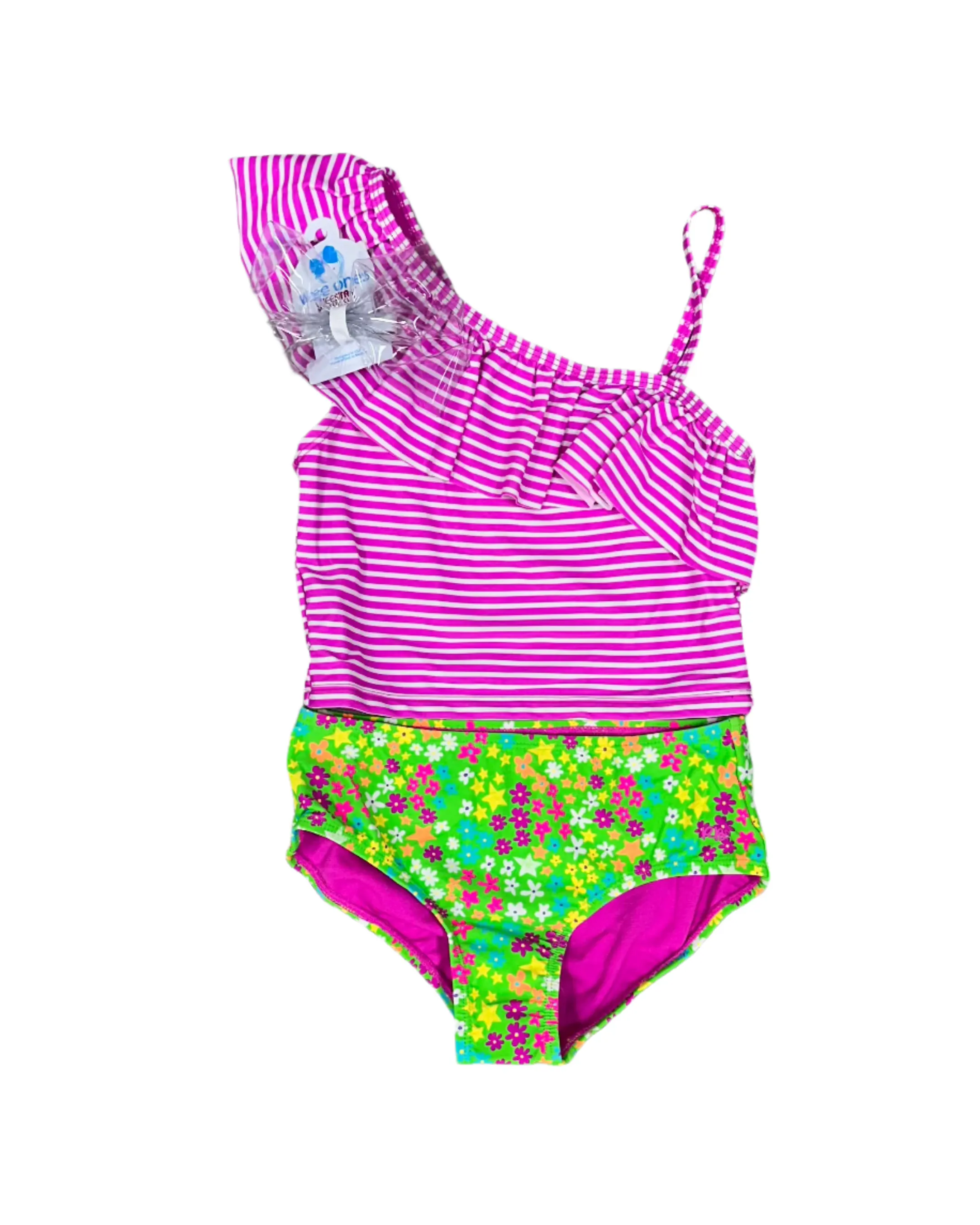 Neon Floral Shoulder Ruffle Tankini