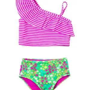 Neon Floral Shoulder Ruffle Tankini