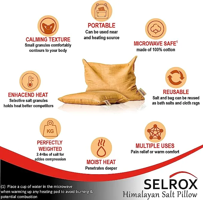 NEW Selrox Therapeutic Salt Pillow - Filled with authentic Himalayan Pink Salt! Selrox Heat Pad - Natural Himalayan Pink Salt microwavable heating pad for cramps, neck heating pad & hot bag