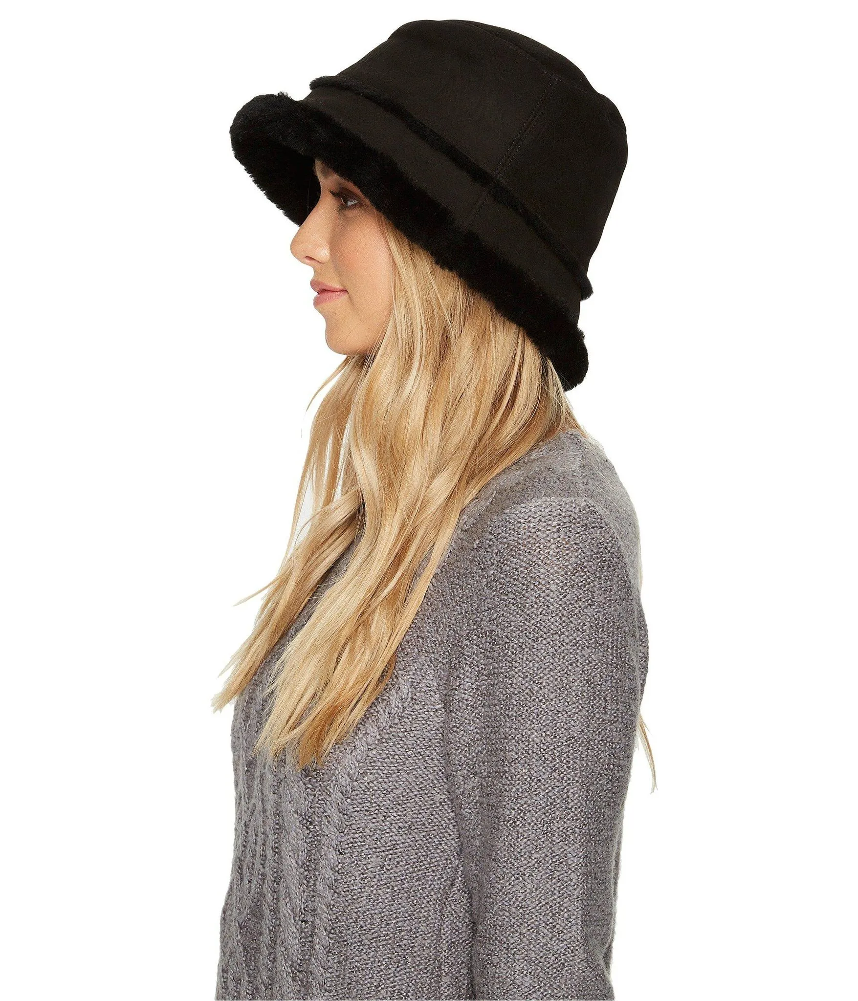 Nordstrom Item! New Authentic UGG Shearling Bucket Hat in Black, Sz L/XL, Retails $160