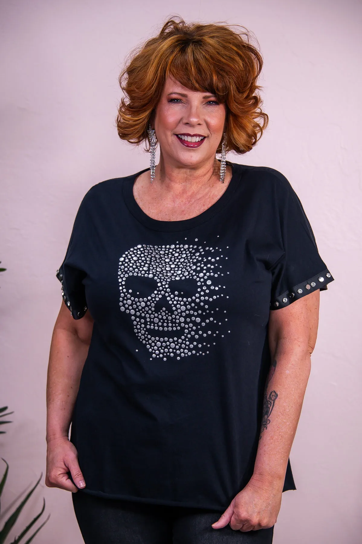 Not Easily Impressed Black/Silver Skull Printed Bling Top - T9324BK