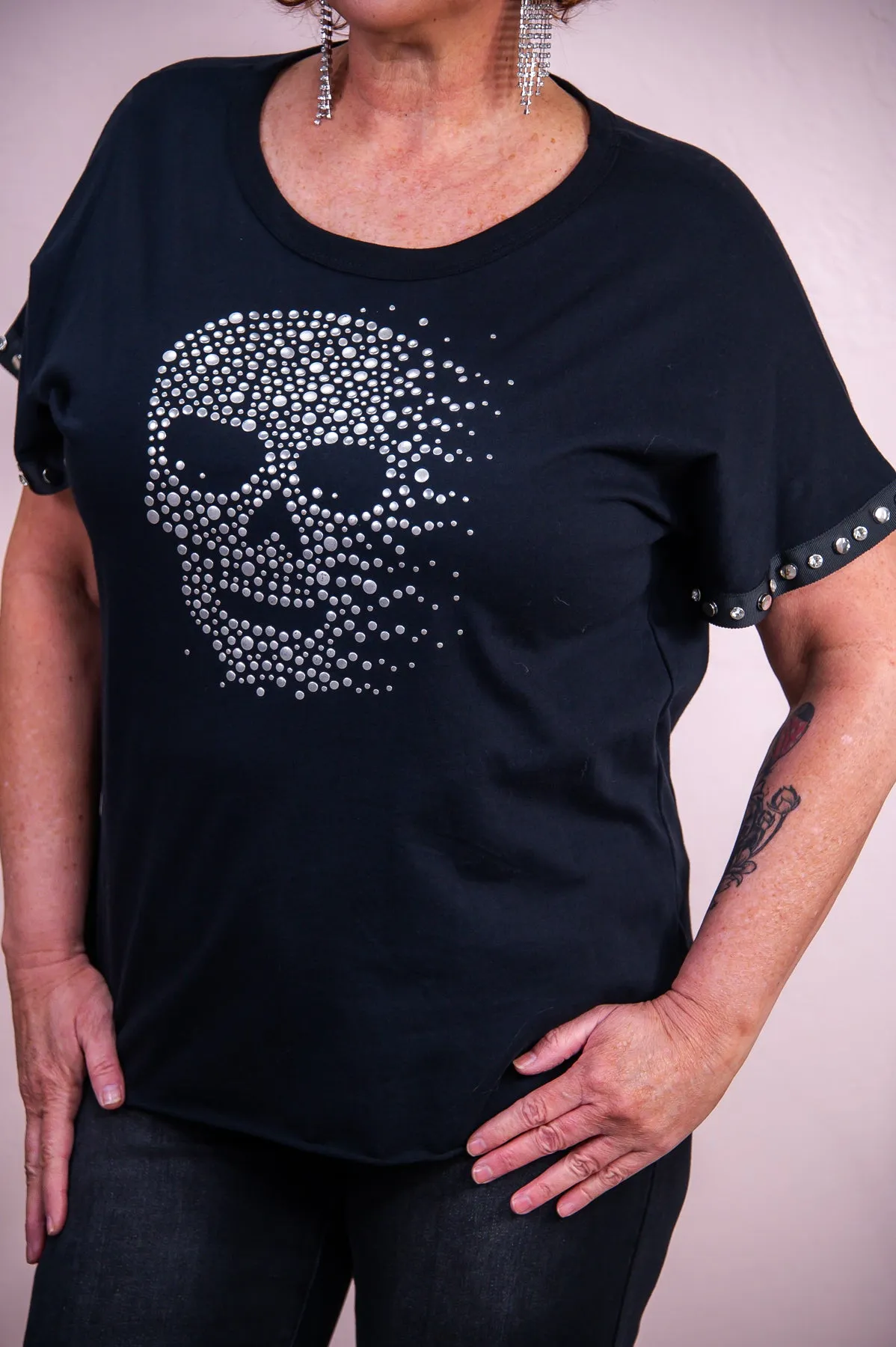 Not Easily Impressed Black/Silver Skull Printed Bling Top - T9324BK