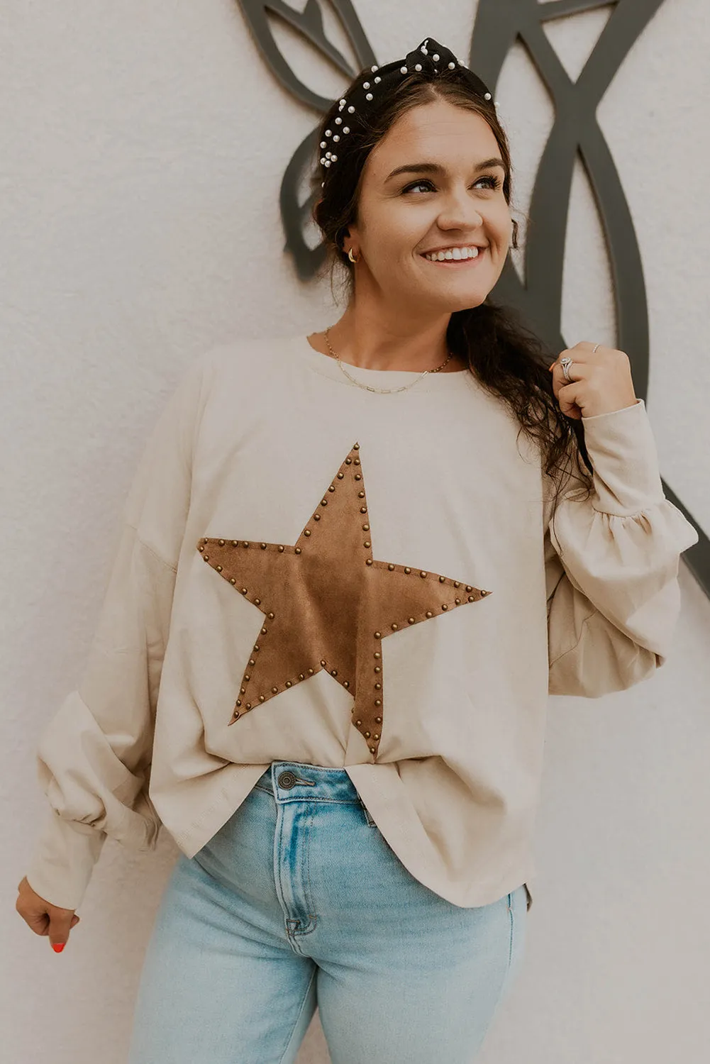 Oatmeal Studded Star Patch Drop Shoulder Sweatshirt