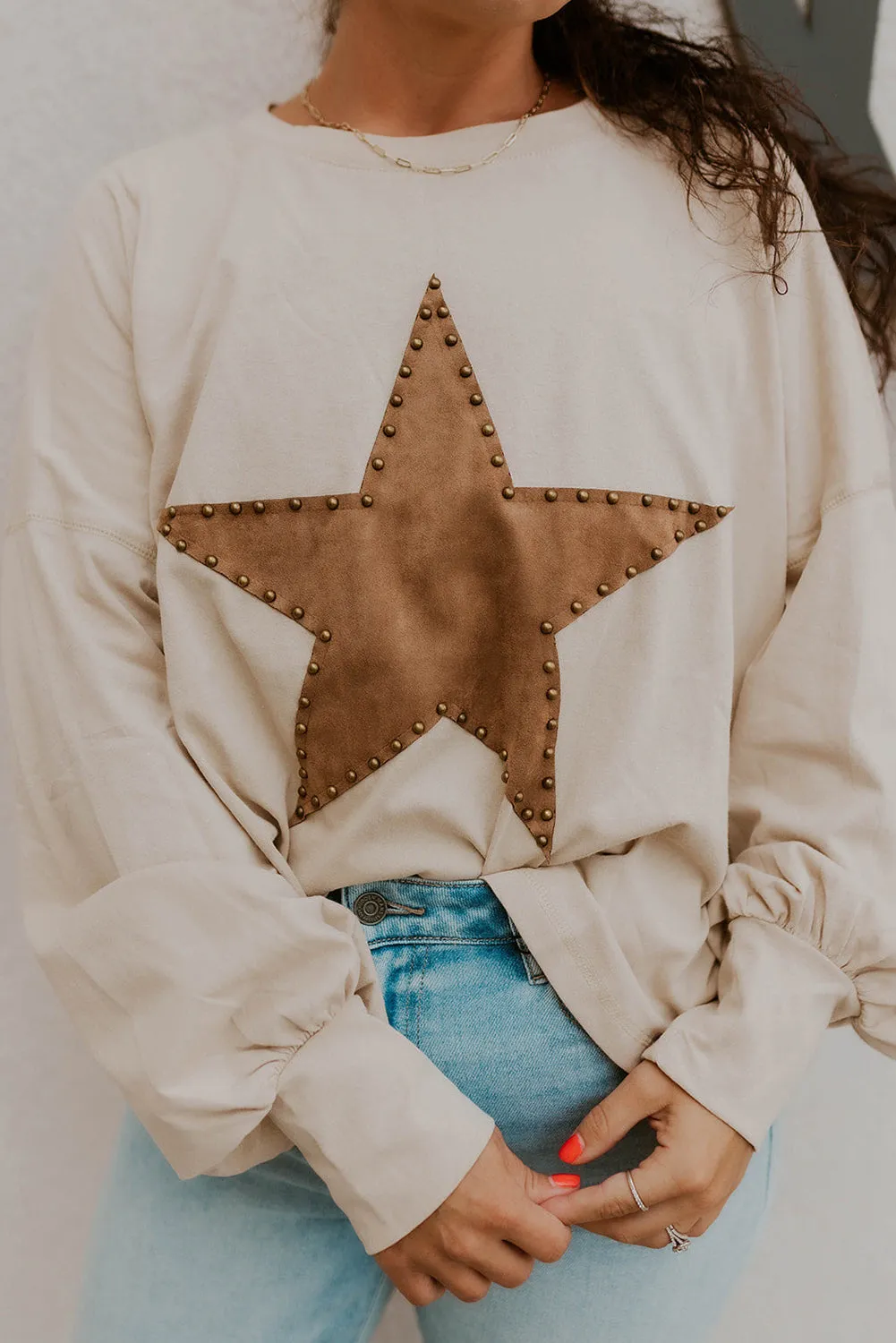 Oatmeal Studded Star Patch Drop Shoulder Sweatshirt