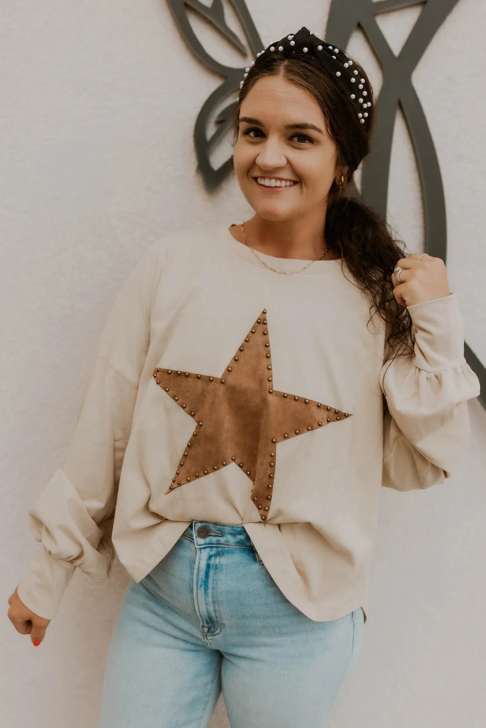 Oatmeal Studded Star Patch Drop Shoulder Sweatshirt