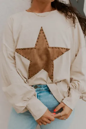 Oatmeal Studded Star Patch Drop Shoulder Sweatshirt