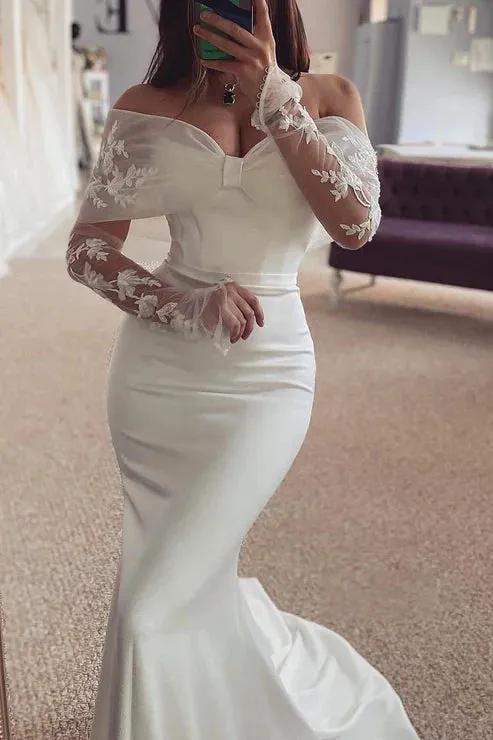 Off-Shoulder Long Sleeve Trumpet Appliques Beach Wedding Dress