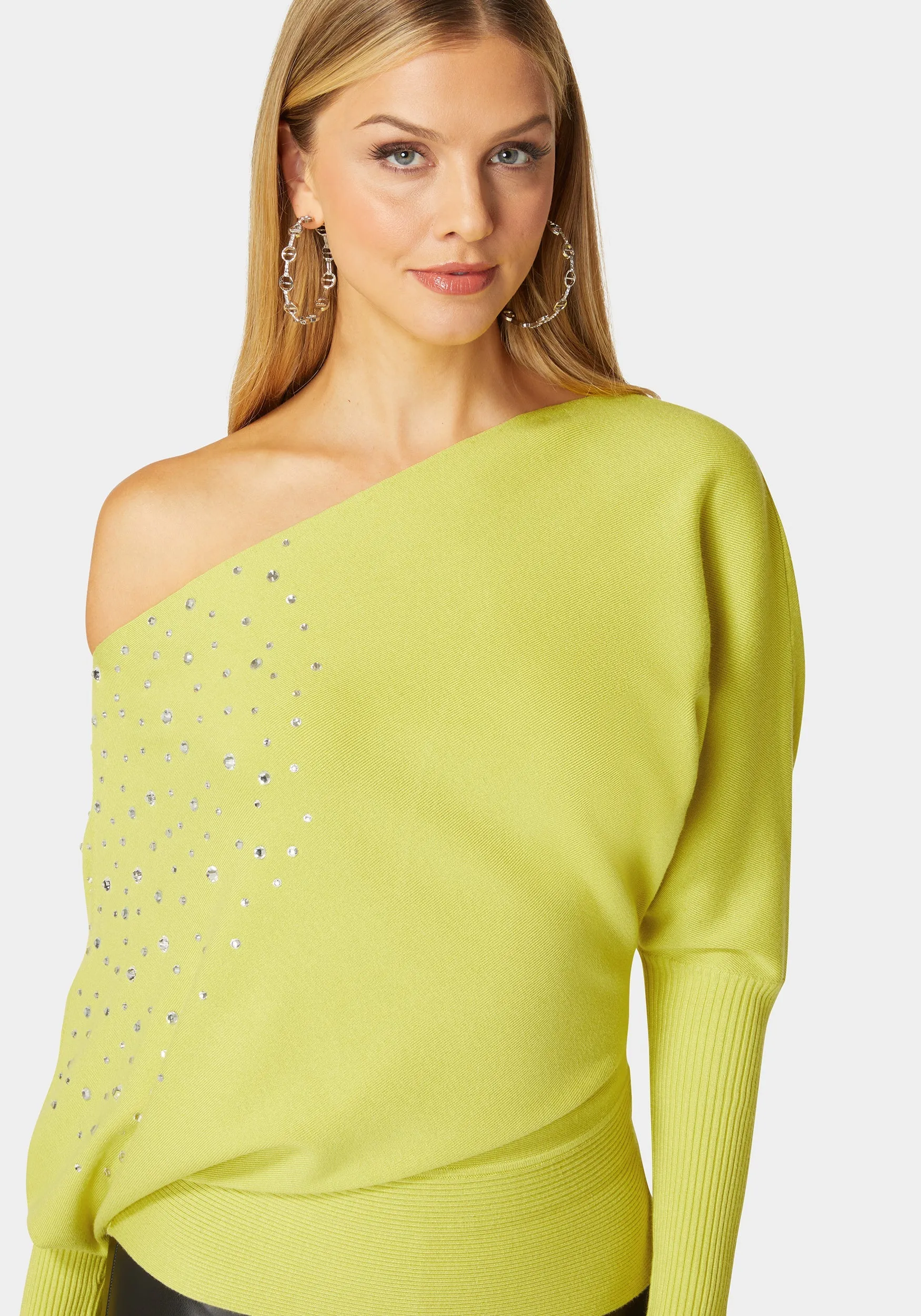Off Shoulder Studded Dolman Sleeve Sweater
